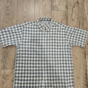 L.L. Bean Green and White Blue Plaid Short Sleeve Button Down Shirt Mens L